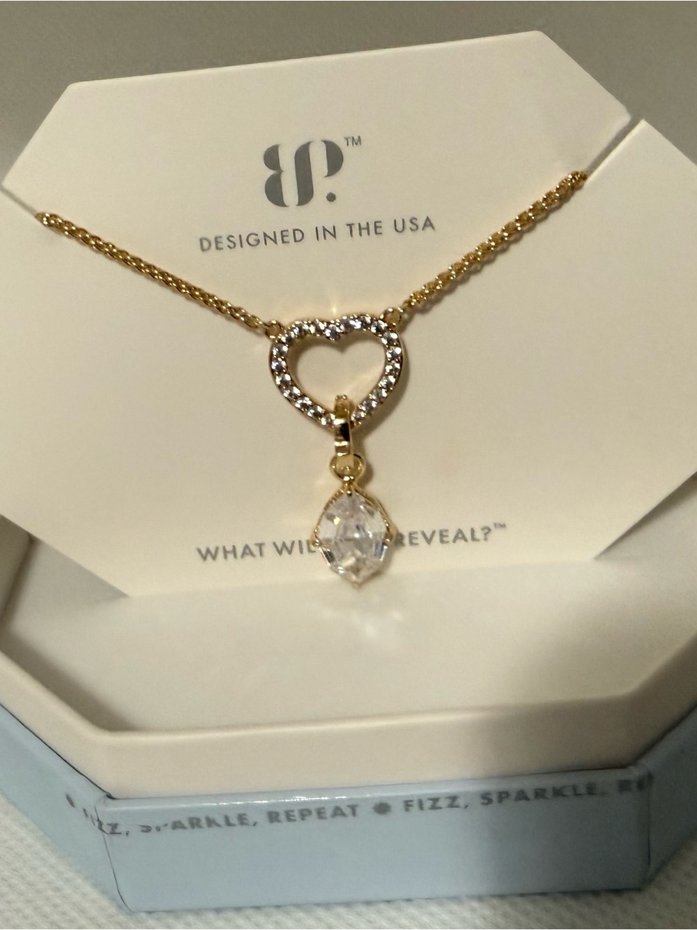 BP Gold Heart Necklace with Clear Crystal Teardrop Pendant BOMB PARTY